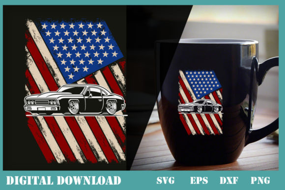 Ameican Flag with Old Car Graphics & Print Templates